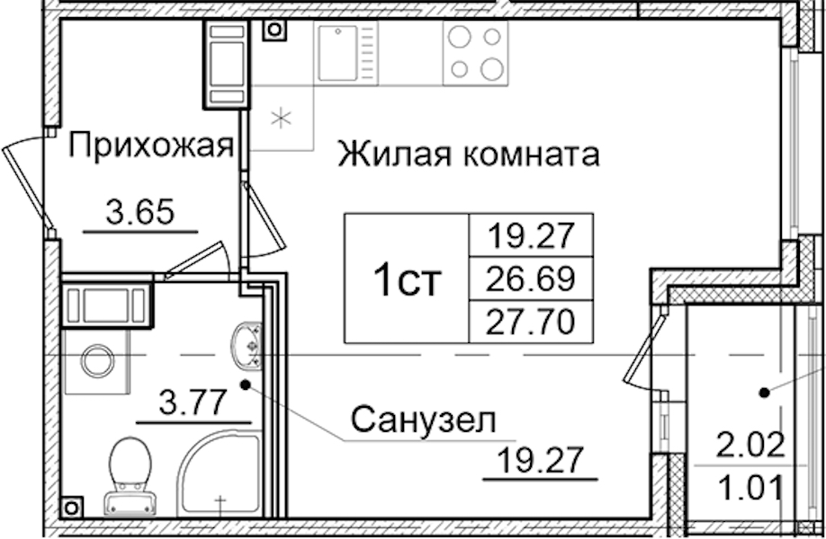 Квартира студия 27.7 м², 8/9 эт., ЖК «Квартал Заречье»